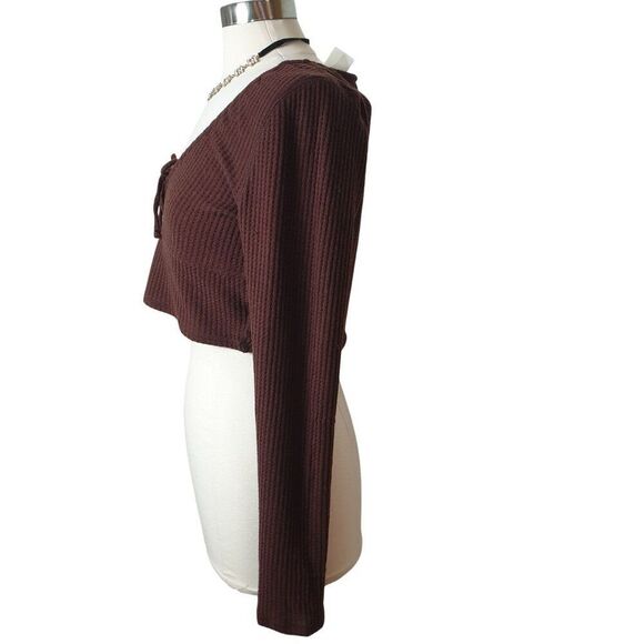 Aeropostale Womens Cropped Sweater XL Brown Ribbed Tie-Front Butter Soft Cottage - Picture 2 of 8